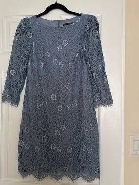Jessica Howard Dusty Blue Lace Midi Dress - 3/4 Sleeves